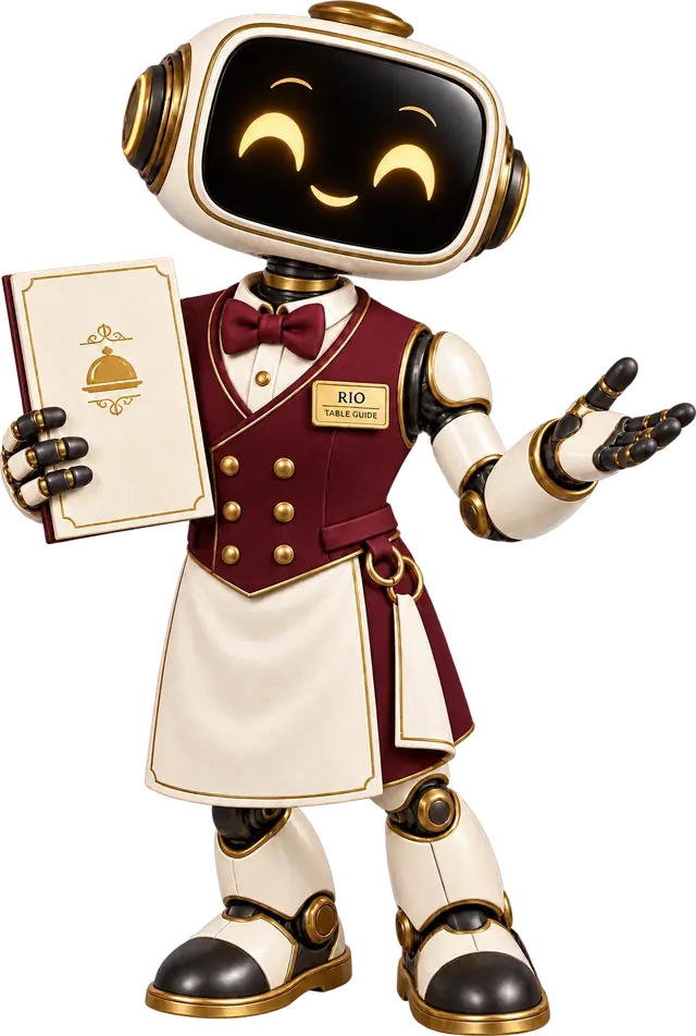 Rio’s friendly robot waiter mascot holding a menu